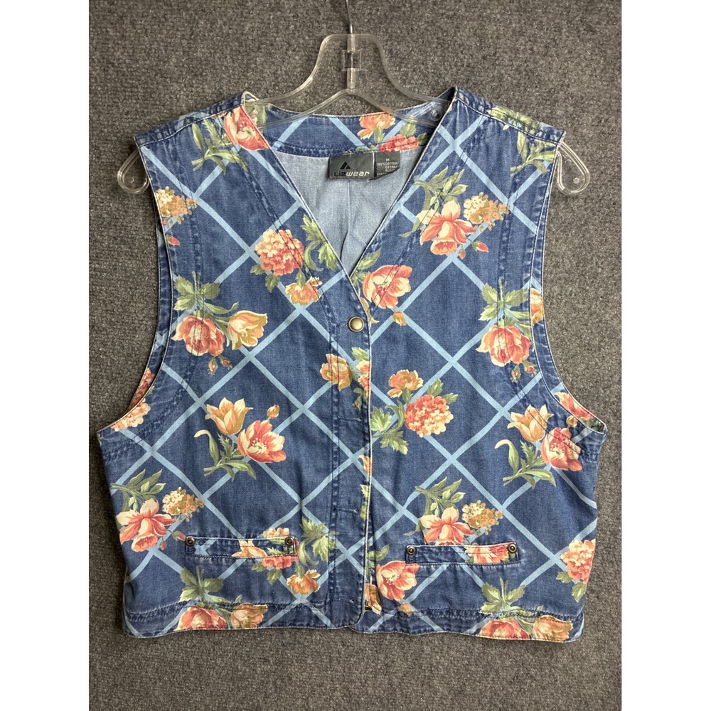 Lizwear Womens Blue Floral Denim Vest Cotton Button Front vintage 90's Size M